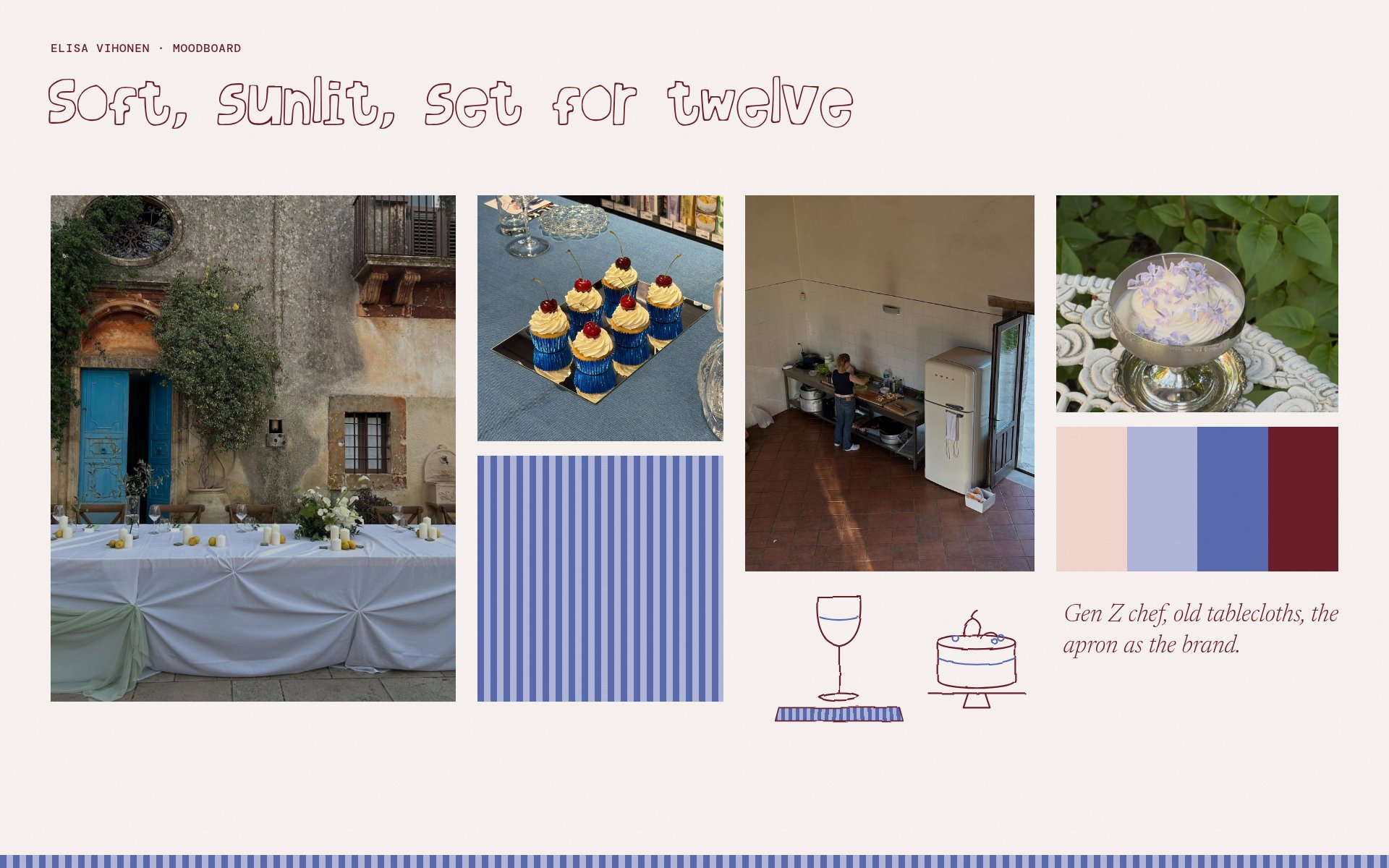 Moodboard: Sicilian long table, blue-foil cupcakes, the apron stripe, Elisa's kitchen, lilac coupe, palette chips